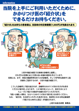 上尾中央総合病院「紹介状をできるだけお持ちください。特定療養費免除されます。 ポスターパネル（A1）2000年5月